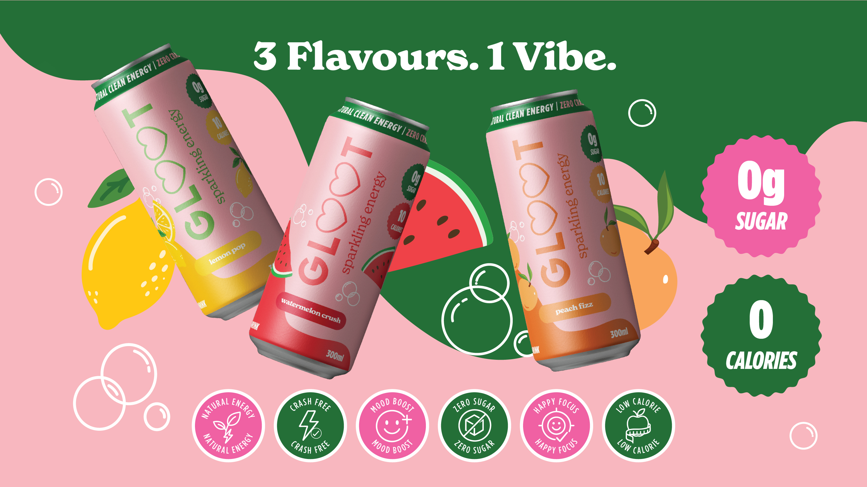 Gloot energy drink flavours lemon, watermelon, and peach